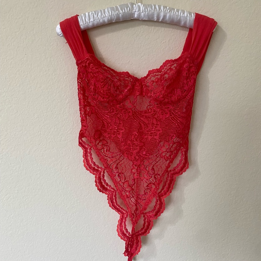Gold Label Victorias Secret Red Lace Bodysuit 80s